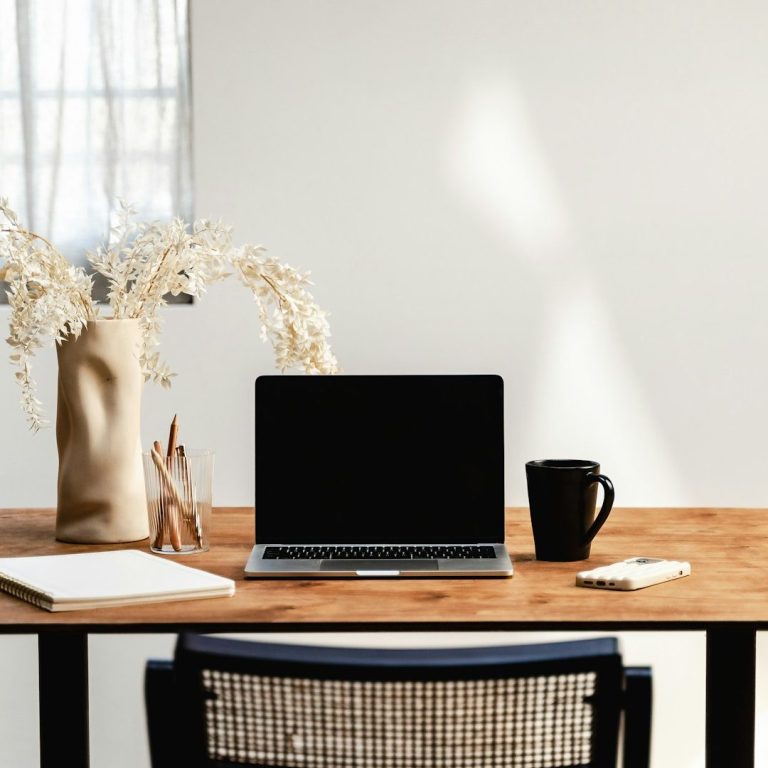 A minimalist workspace featuring a laptop, mug, and vase with dried flowers.